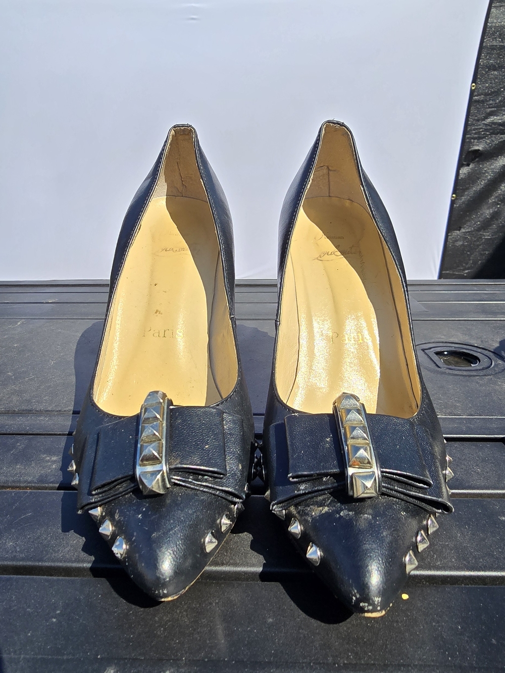 Christian Louboutin Black Studded Pointed-Toe Bow Pumps